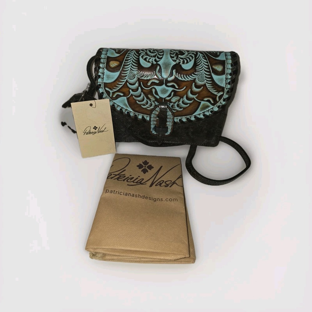 PATRICIA NASH LANZA Tooled Turquoise Leather Crossbody / Clutch Organizer Purse